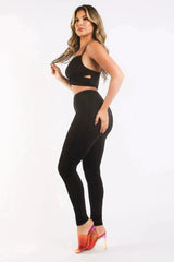 Mesh Contrast Sets Casual Sports Strappy Sleeve Top & Leggings BLACK - Femstylo