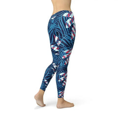 Blue Tropical Leaf Leggings for Women - Femstylo