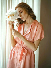 ARYA Safari Linen Midi Dress, in Salmon Pink - Femstylo