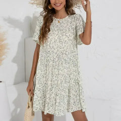Floral A-Line Dress with Ruffle Sleeves - Spring Cotton Dress - Femstylo