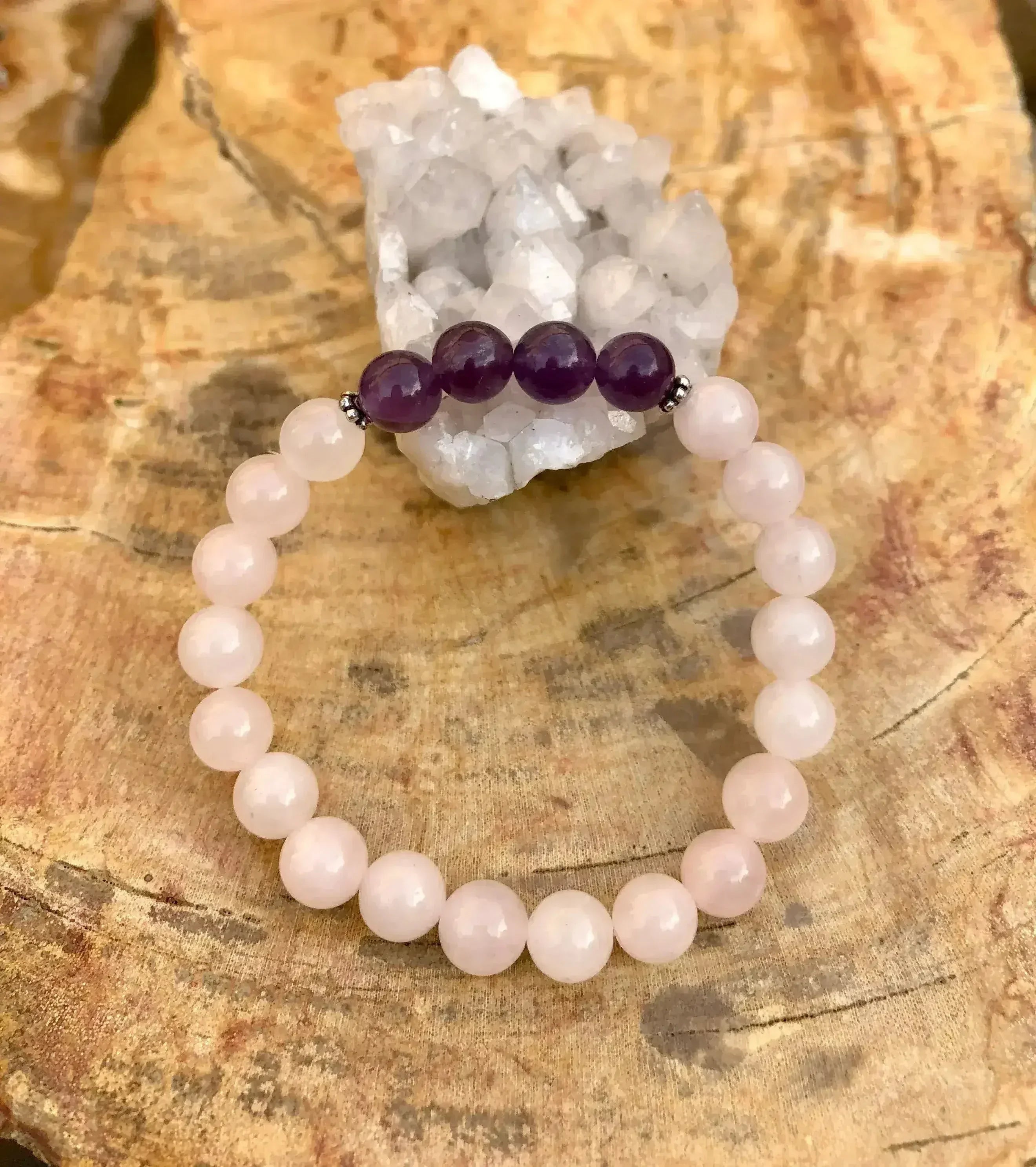 Rose Quartz & Amethyst Stretch Bracelet! Natural Crystals! - Femstylo