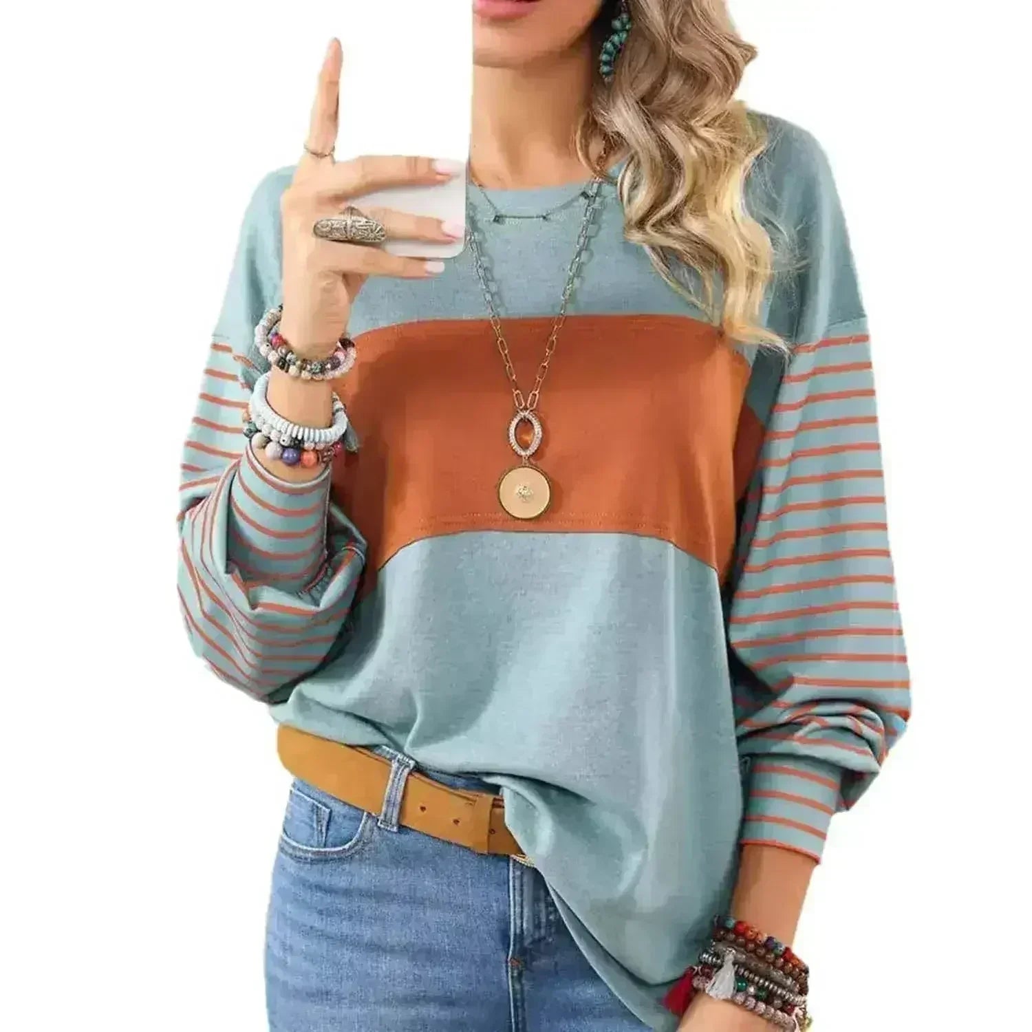 Womens Long Sleeve Pullover Tops Striped Basice T-shirt - Femstylo