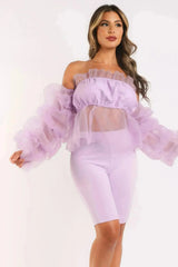 Sexy Organza Sleeve Detailed Top & Matching Shorts 2 Piece Set lavndr - Femstylo