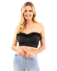 Fur Trim Crop Top | Sexy Black Top | Hook & Eye Back - Femstylo