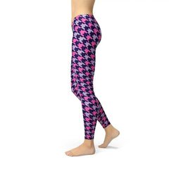 Womens Pink Purple Houndstooth Leggings - Femstylo