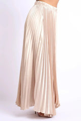 Elastic High Waist A-Line Pleated Satin Maxi Skirt Formal Prom TAUPE - Femstylo