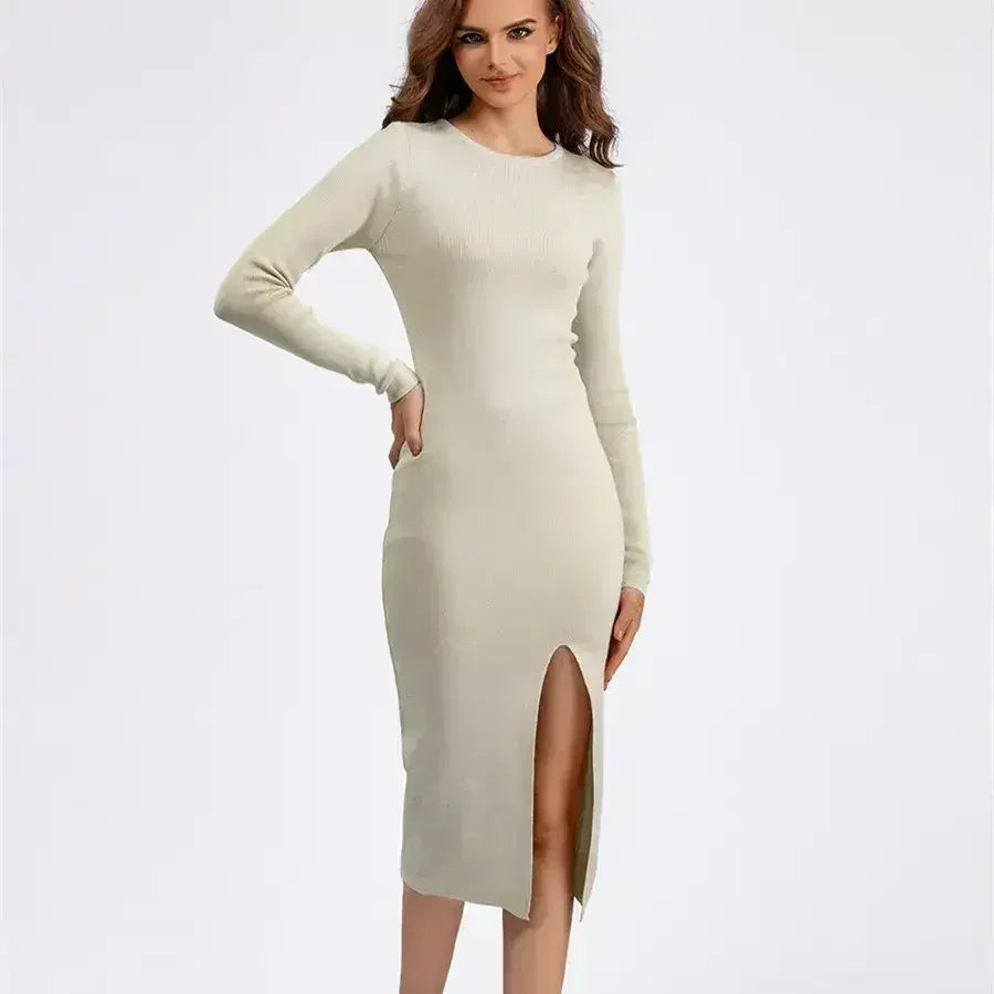 Autumn And Winter Long Sleeve Knitted Backless Round Neck Dress - Femstylo