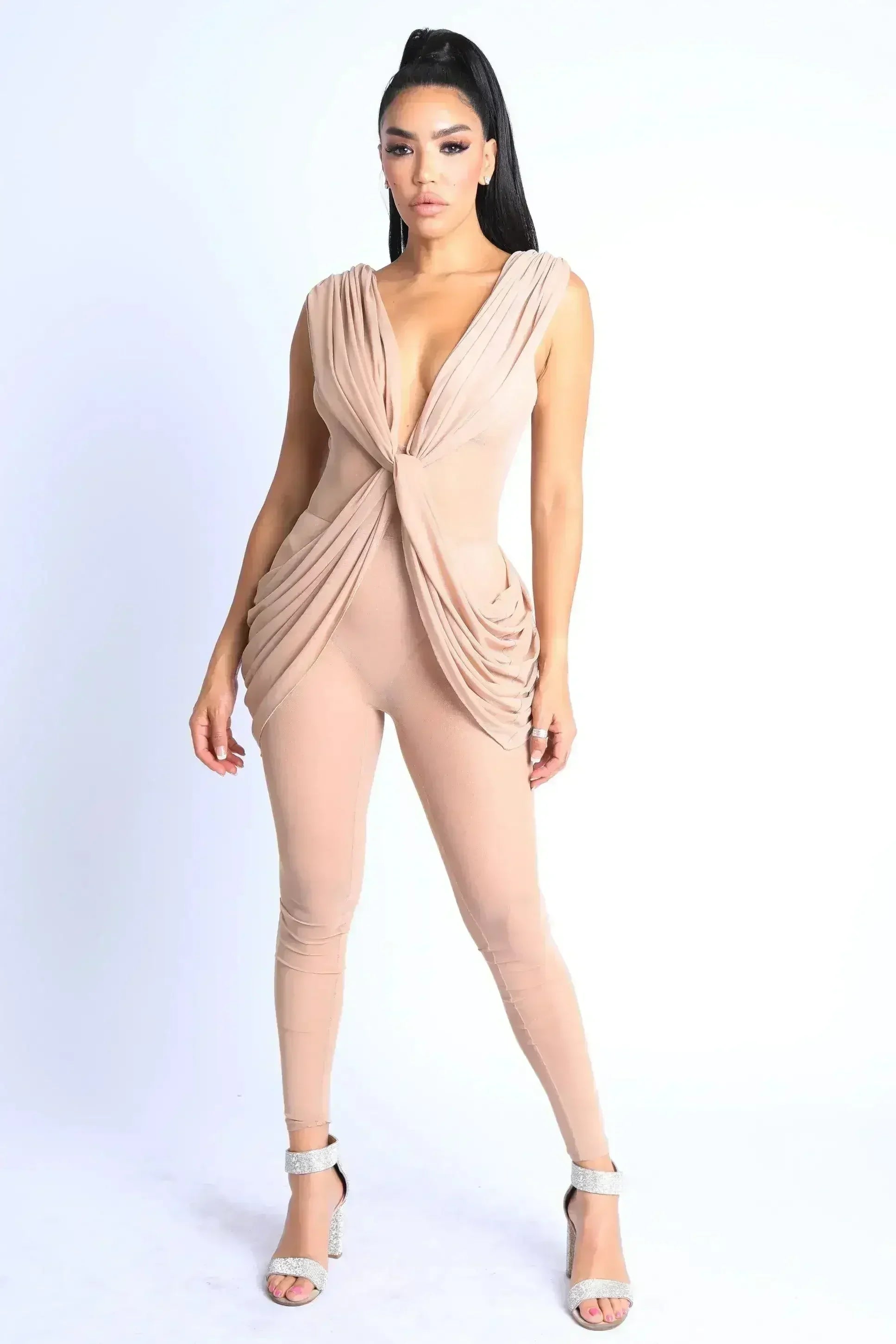 Sexy Sleeveless Lightweight Draped Mesh Jumpsuit Party Clubwear NUDE - Femstylo