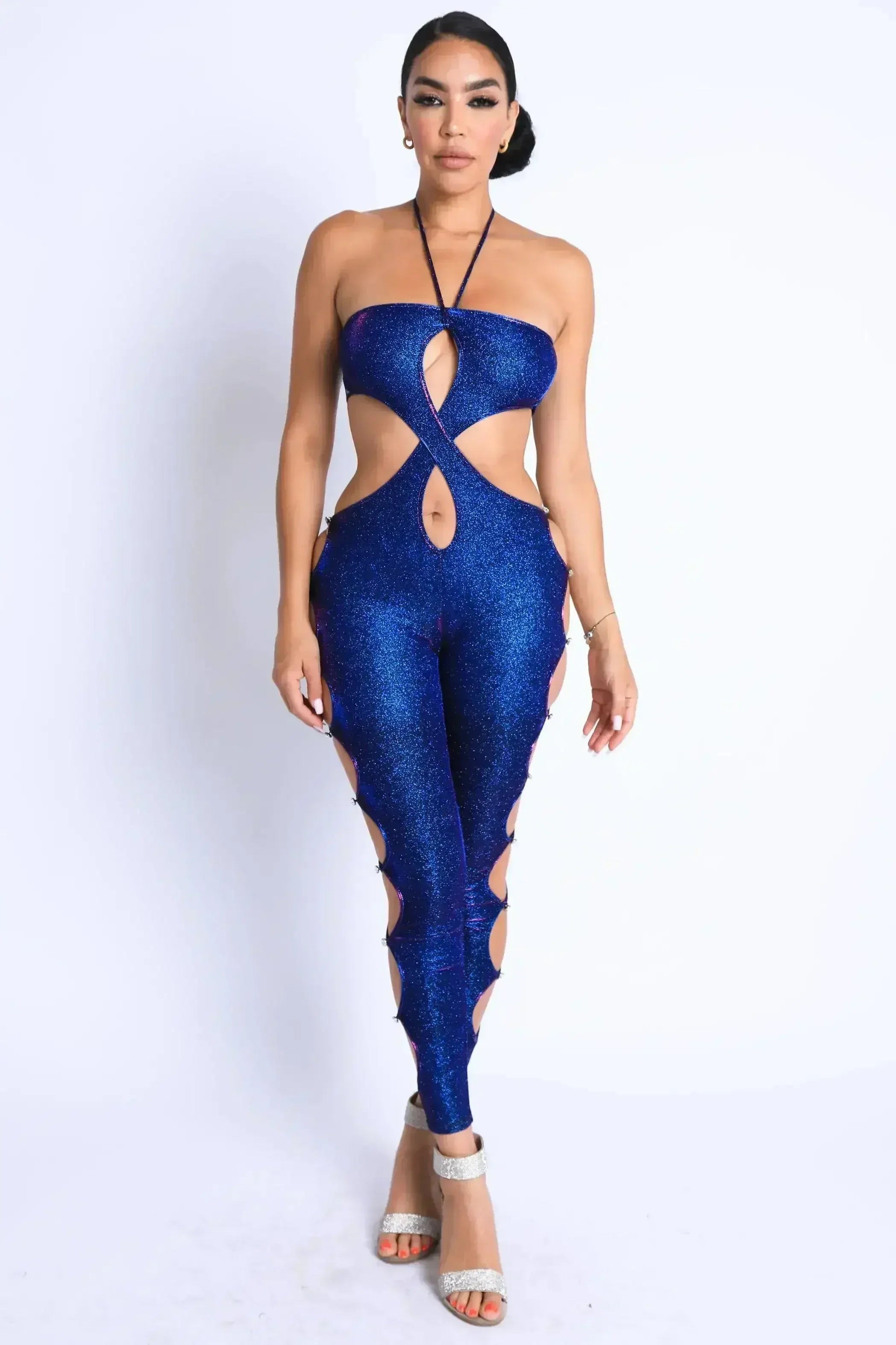 Glittery Cutout Halter Neck Keyhole Sexy Party Jumpsuit BLUE/FUCHSIA - Femstylo