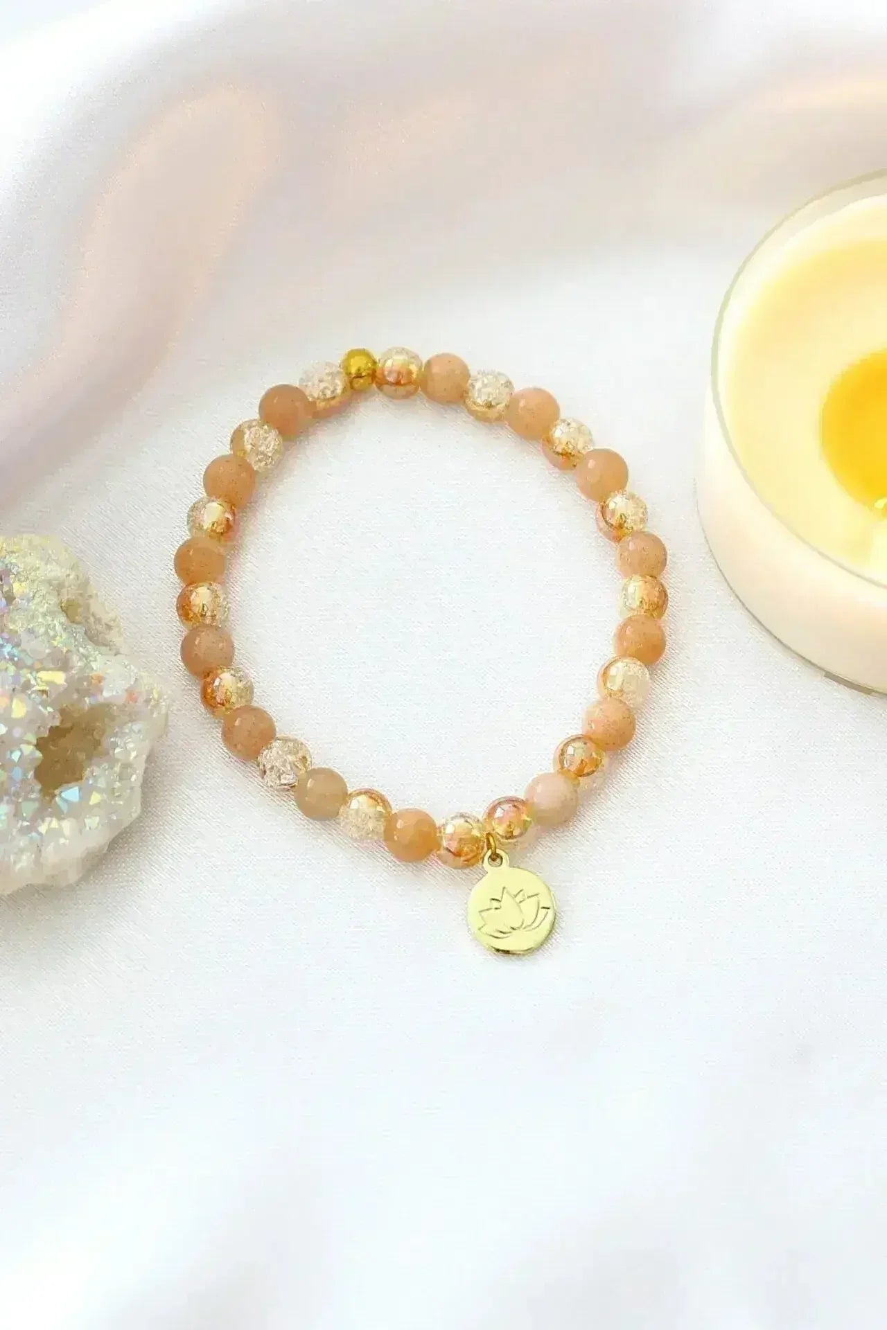 Sunstone Elastic Bracelet | 24K Lotus Flower Charm - Femstylo