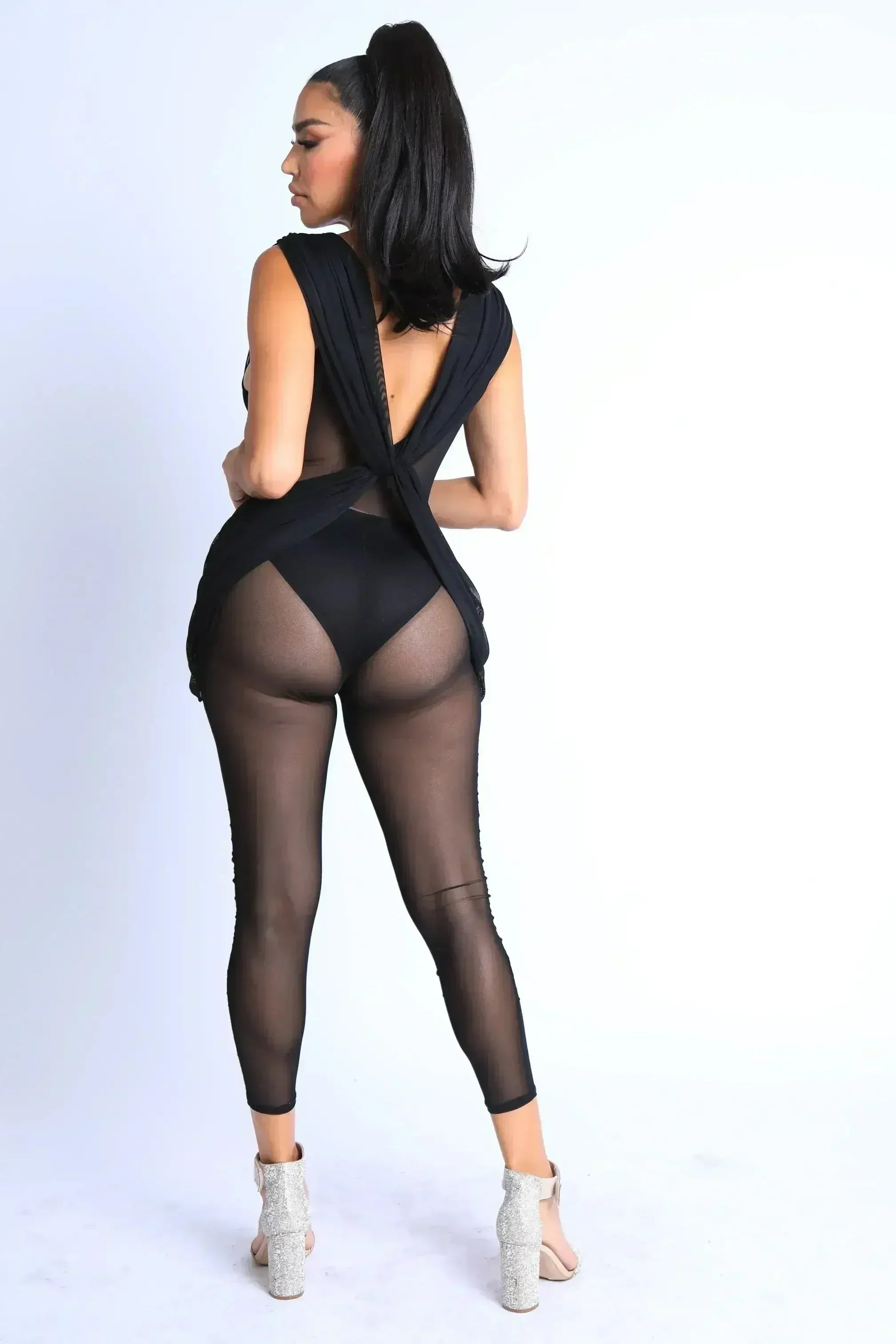 Sexy Sleeveless Lightweight Draped Mesh Jumpsuit Party Clubwear BLACK - Femstylo