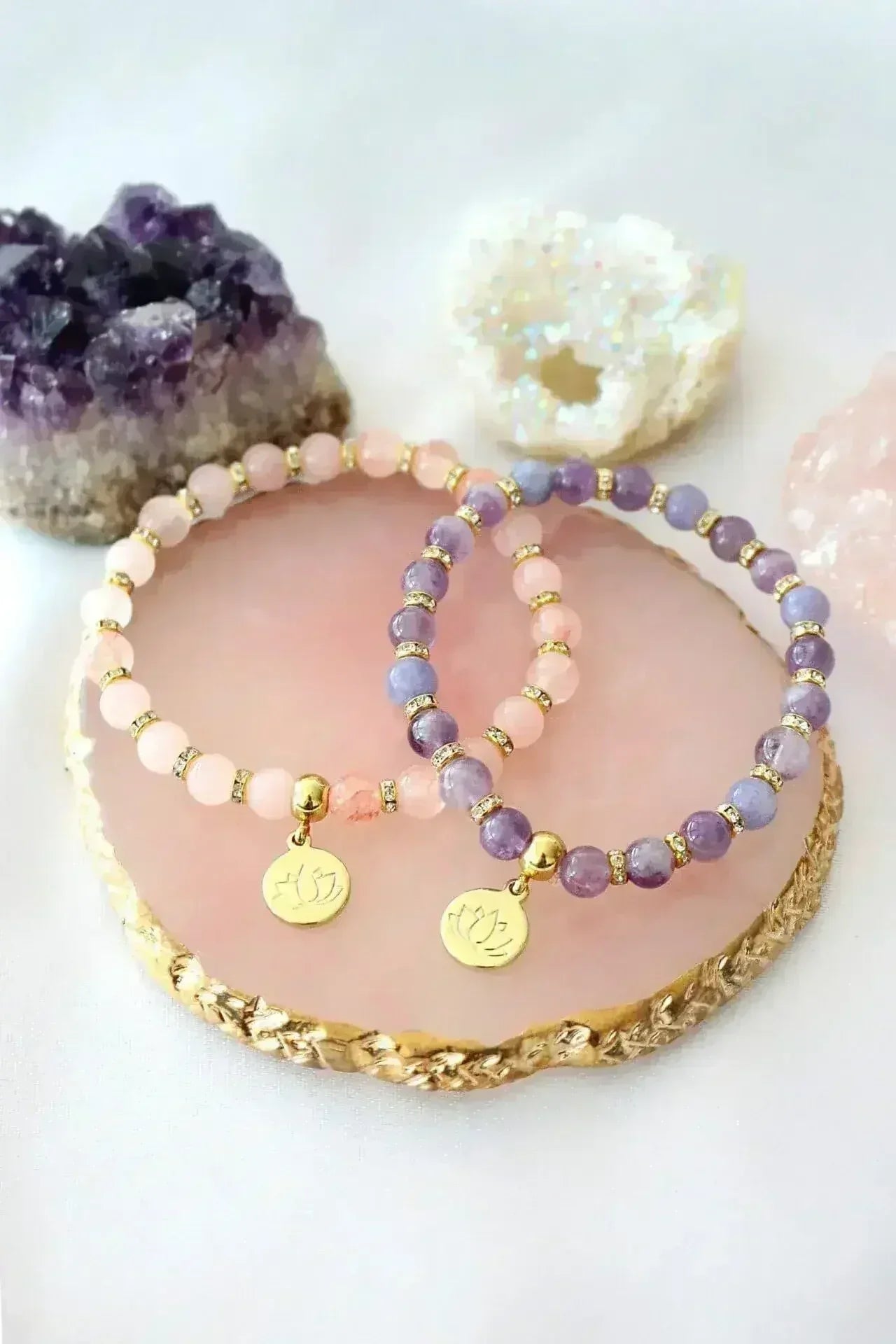 Rose Quartz – Amethyst Elastic Bracelet | 24K Lotus Flower Charm - Femstylo
