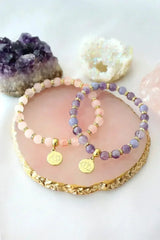 Rose Quartz – Amethyst Elastic Bracelet | 24K Lotus Flower Charm - Femstylo