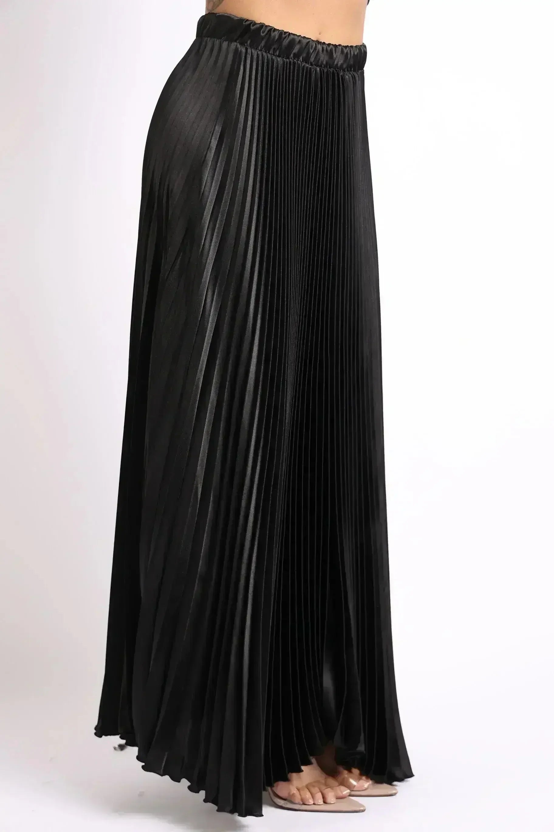 Elastic High Waist A-Line Pleated Satin Maxi Skirt Formal Prom BLACK - Femstylo