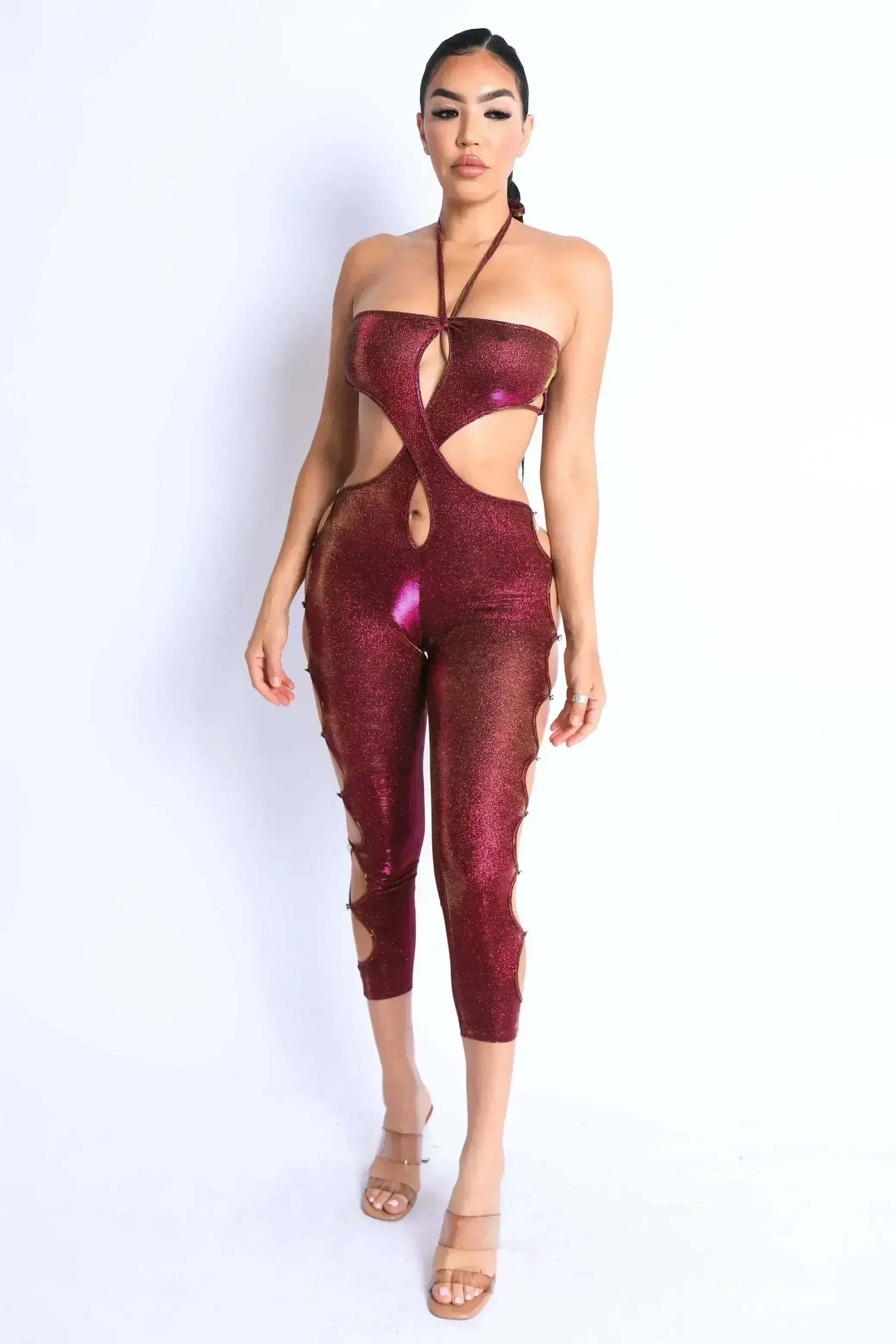 Glittery Cutout Halter Neck Keyhole Sexy Party Jumpsuit FUCHSIA/GOLD - Femstylo