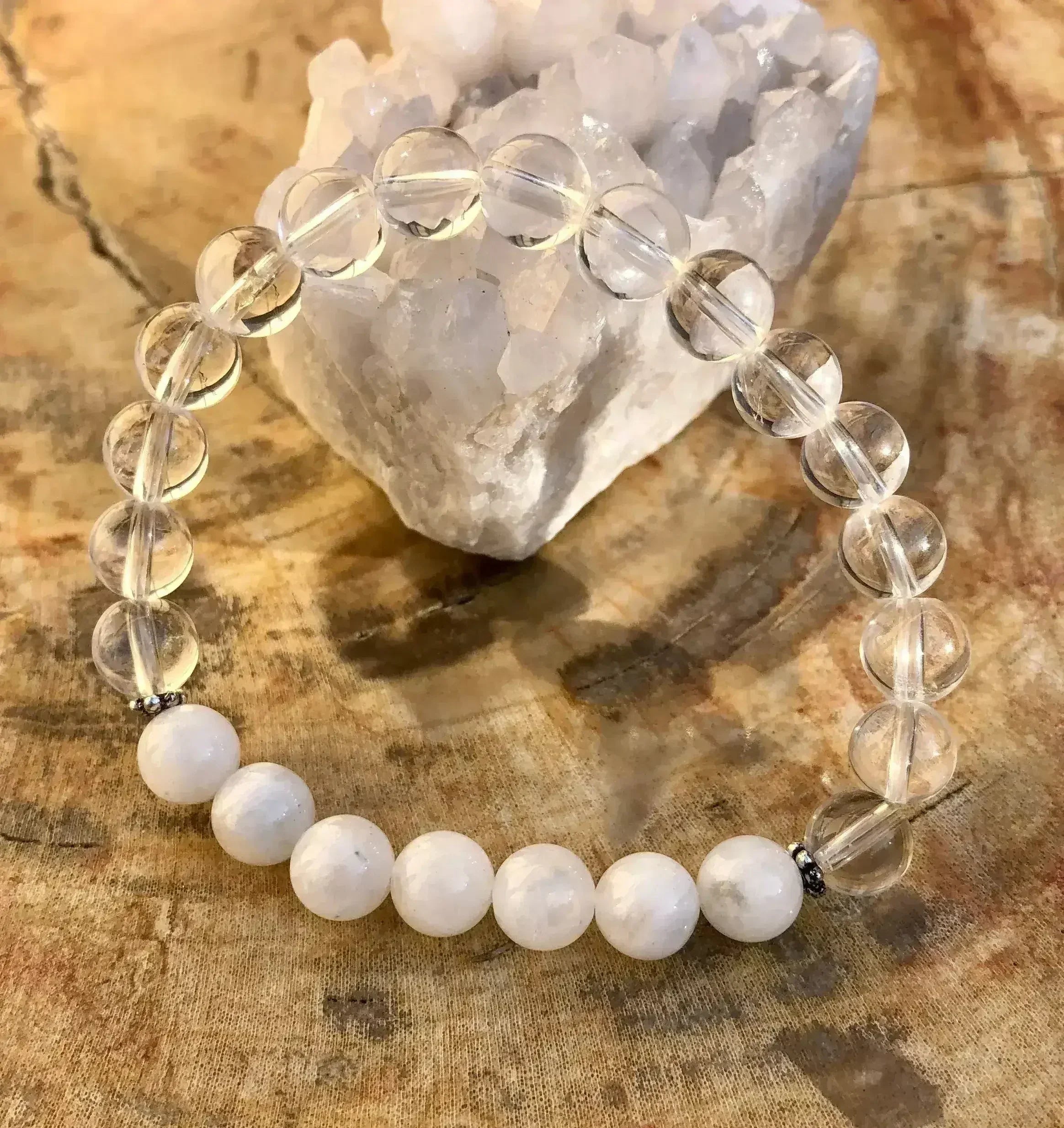 Rainbow Moonstone & Crystal Quartz Stretch Bracelet! Genuine Crystals! - Femstylo