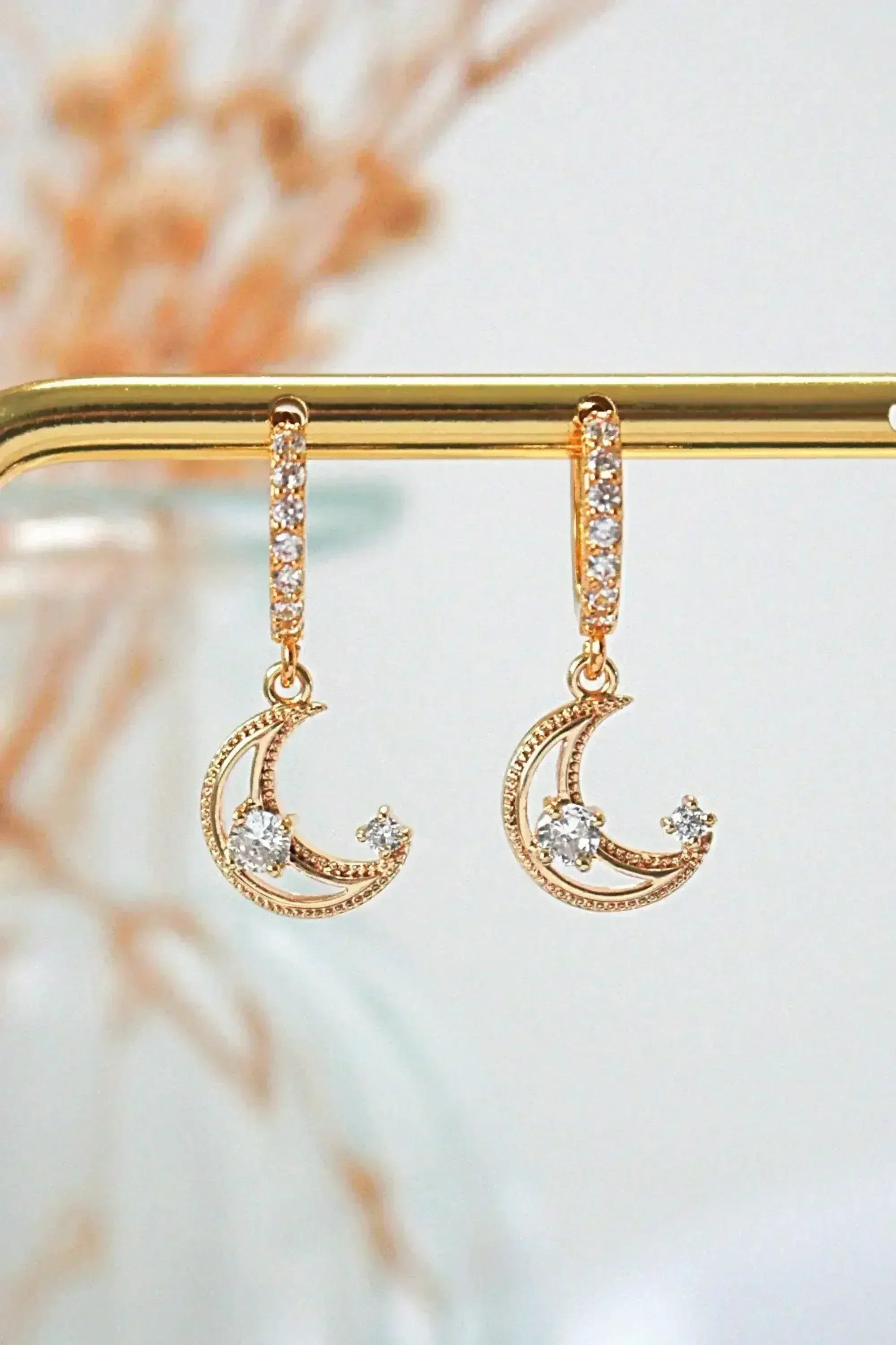 Moon Hoop Earrings - 24K Gold & Cubic Zirconia | Femstylo - Femstylo