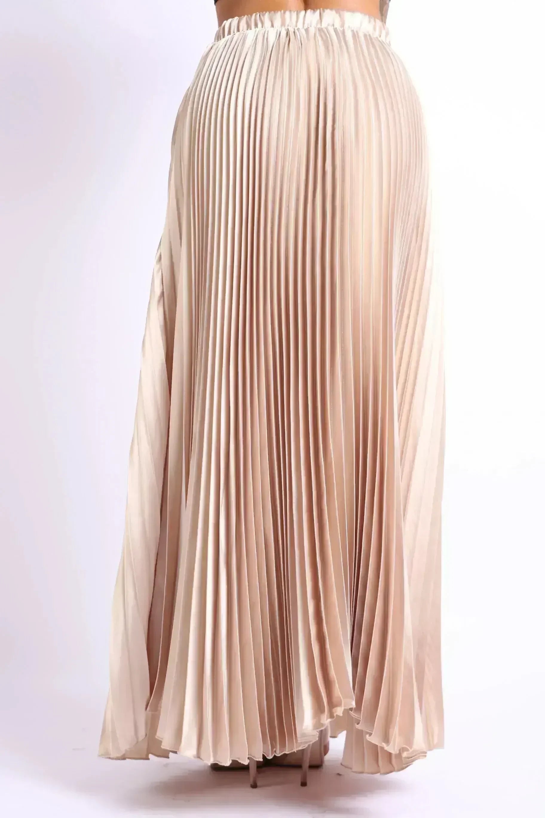 Elastic High Waist A-Line Pleated Satin Maxi Skirt Formal Prom TAUPE - Femstylo