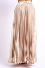 Elastic High Waist A-Line Pleated Satin Maxi Skirt Formal Prom TAUPE - Femstylo