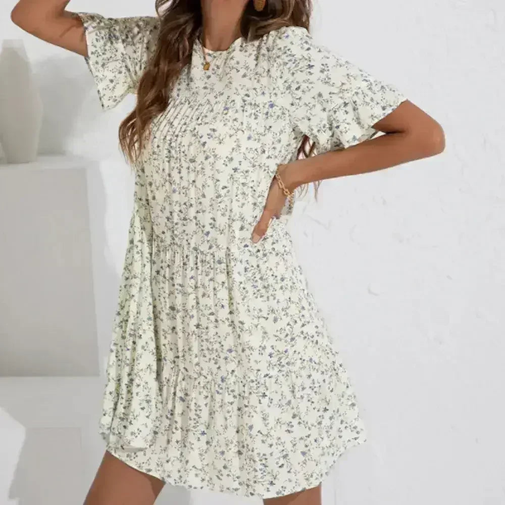 Floral A-Line Dress with Ruffle Sleeves - Spring Cotton Dress - Femstylo