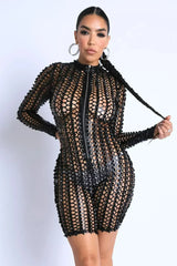 Sexy Club Outfit Romper Long Sleeve Cutting Mesh Bodysuit BLACK - Femstylo
