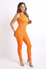 Track Zipper Ruched Jumpsuit Ruffle Dress Bodycon Jumpsuit ORANGE - Femstylo