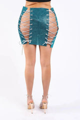 Full Rhinestones 4 Sides Lace Up Party Rave Club Mini Skirt TEAL - Femstylo