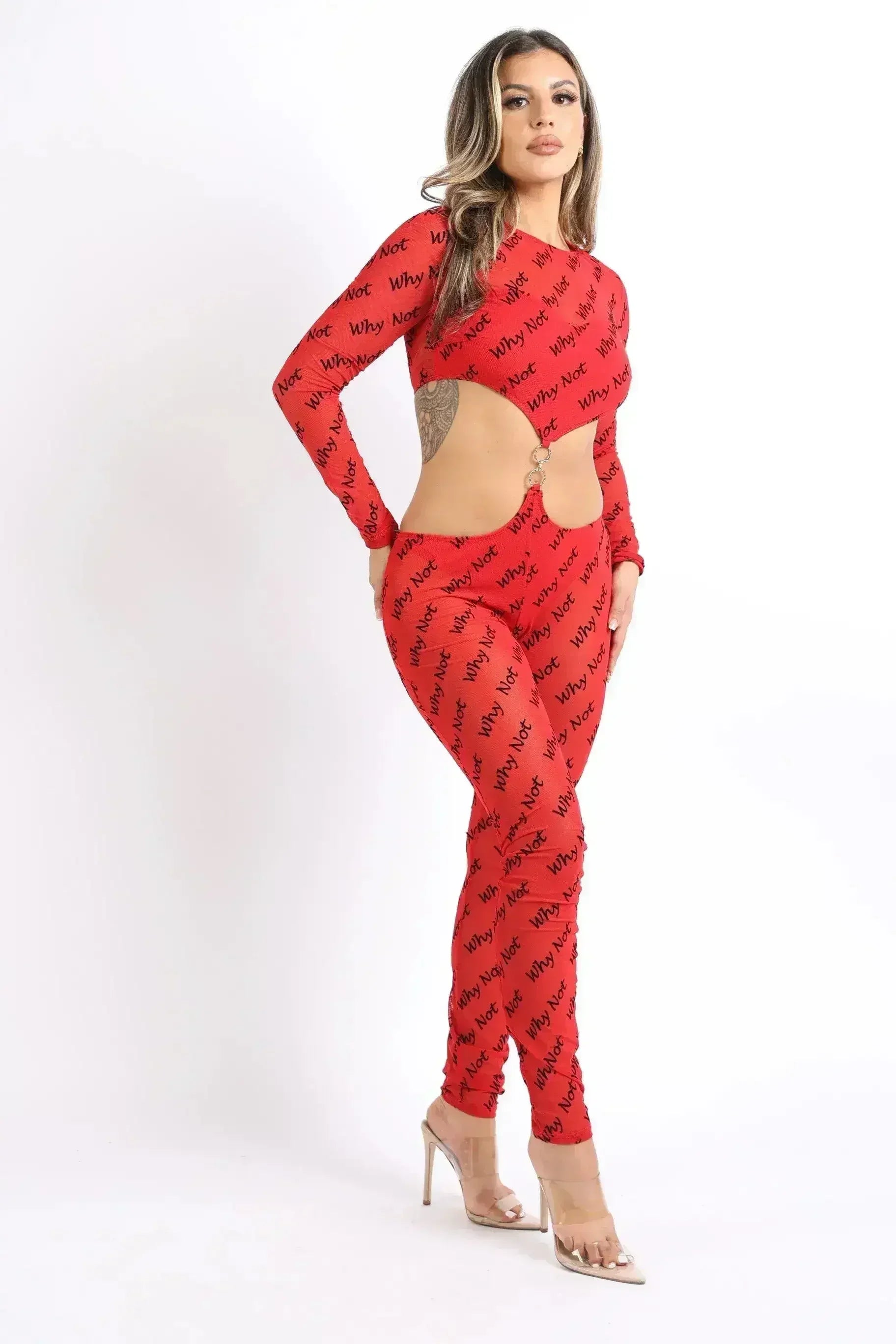 Lettering Printed Cutout Double O-Ring Mesh Sexy Jumpsuit RED - Femstylo