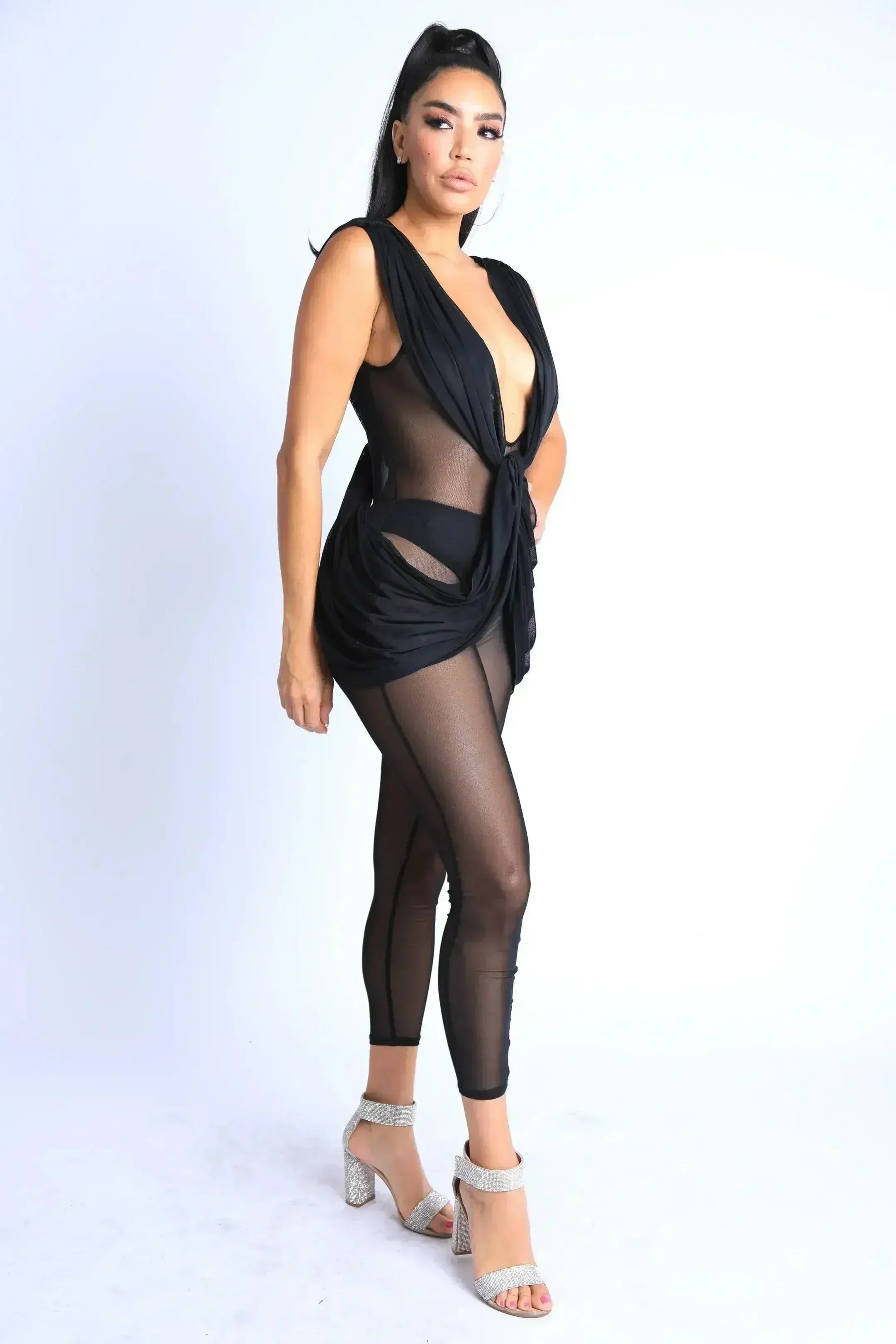 Sexy Sleeveless Lightweight Draped Mesh Jumpsuit Party Clubwear BLACK - Femstylo