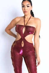 Glittery Cutout Halter Neck Keyhole Sexy Party Jumpsuit FUCHSIA/GOLD - Femstylo