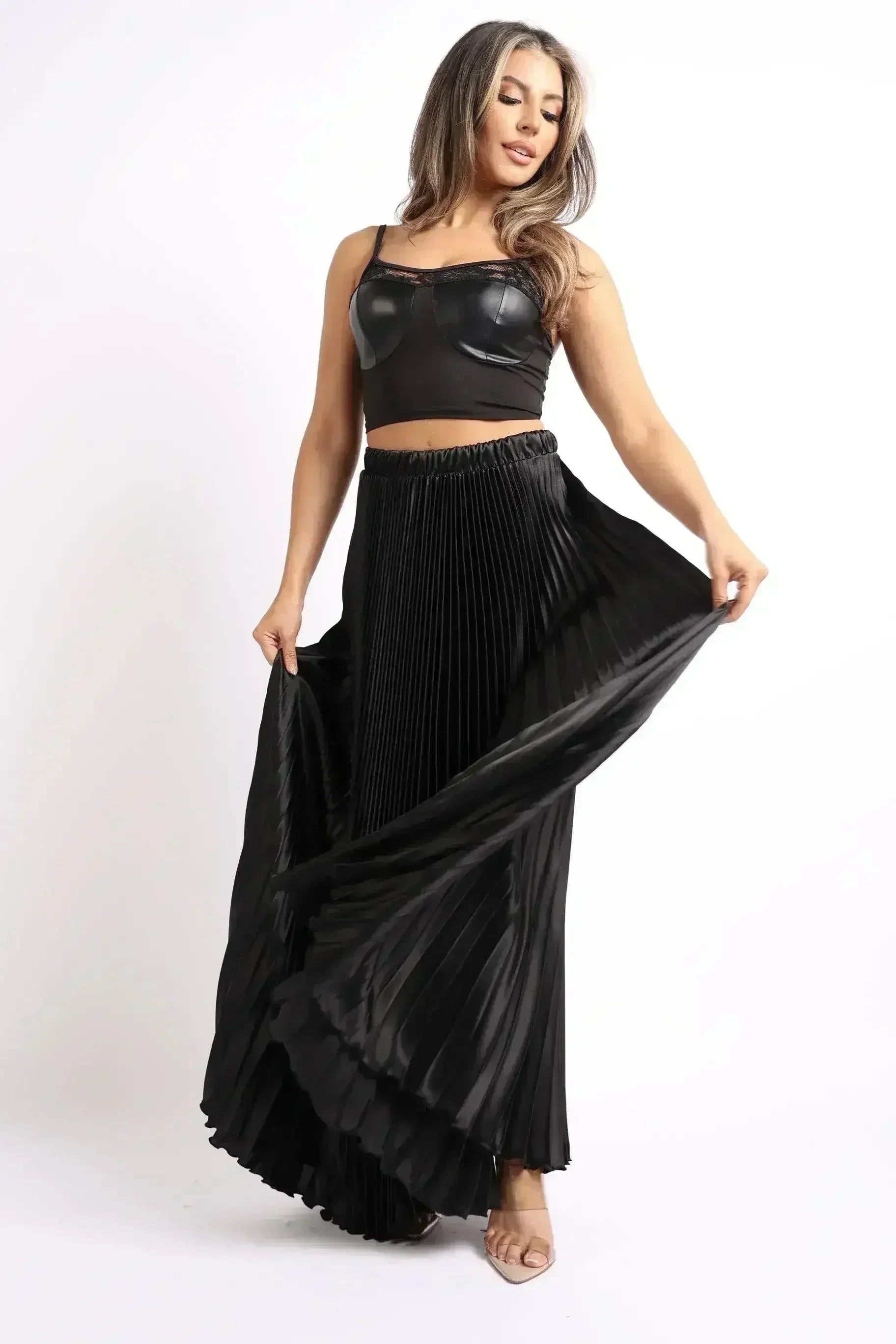 Elastic High Waist A-Line Pleated Satin Maxi Skirt Formal Prom BLACK - Femstylo