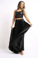 Elastic High Waist A-Line Pleated Satin Maxi Skirt Formal Prom BLACK - Femstylo