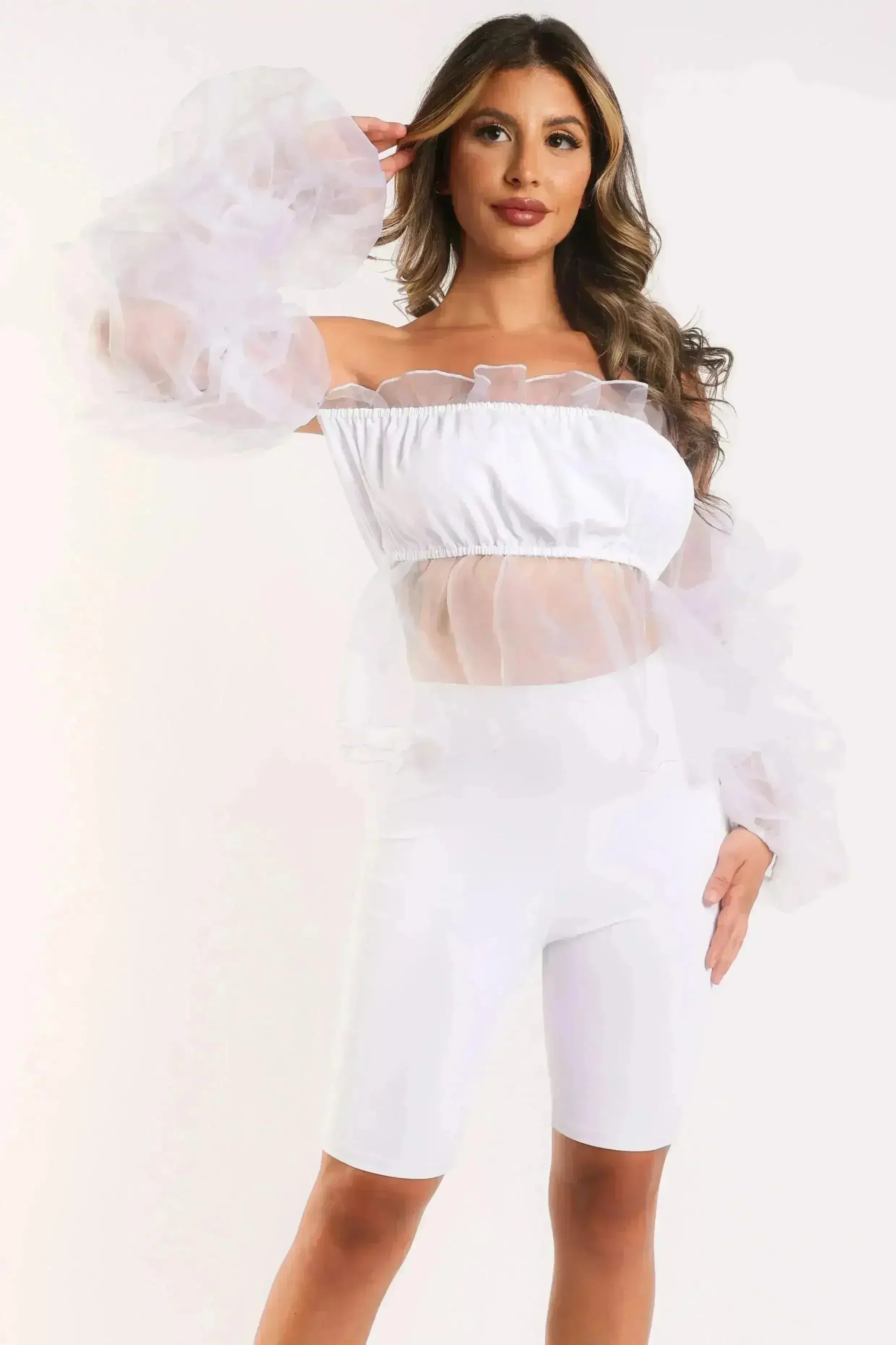 Sexy Organza Sleeve Detailed Top & Matching Shorts 2 Piece Set White - Femstylo