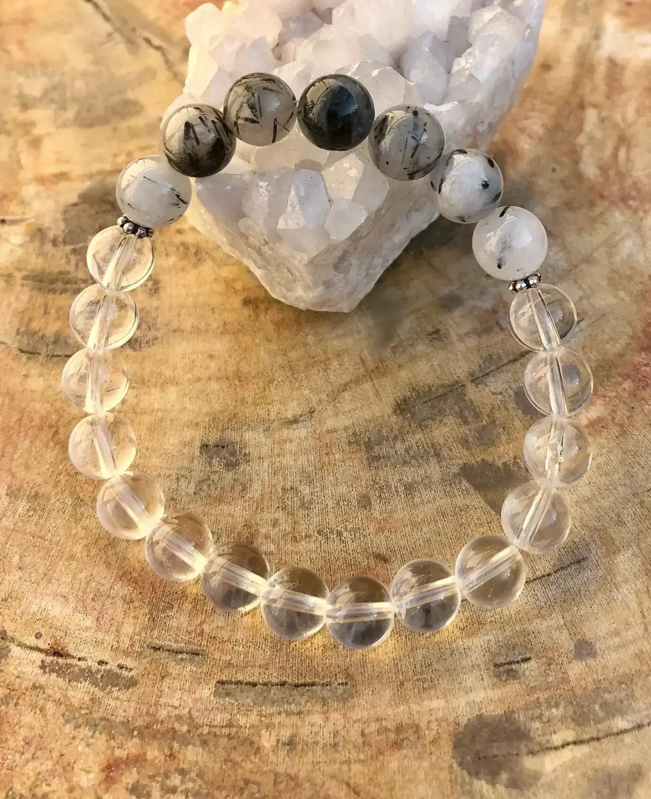Black Tourmaline & Crystal Quartz Stretch Bracelet! Genuine Crystals! - Femstylo