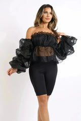 Sexy Organza Sleeve Detailed Top & Matching Shorts 2 Piece Set Black - Femstylo