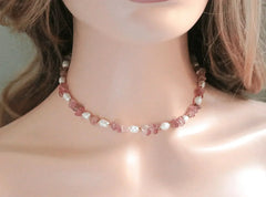 Natural Strawberry Quartz Crystal & Freshwater Pearls Choker - Femstylo