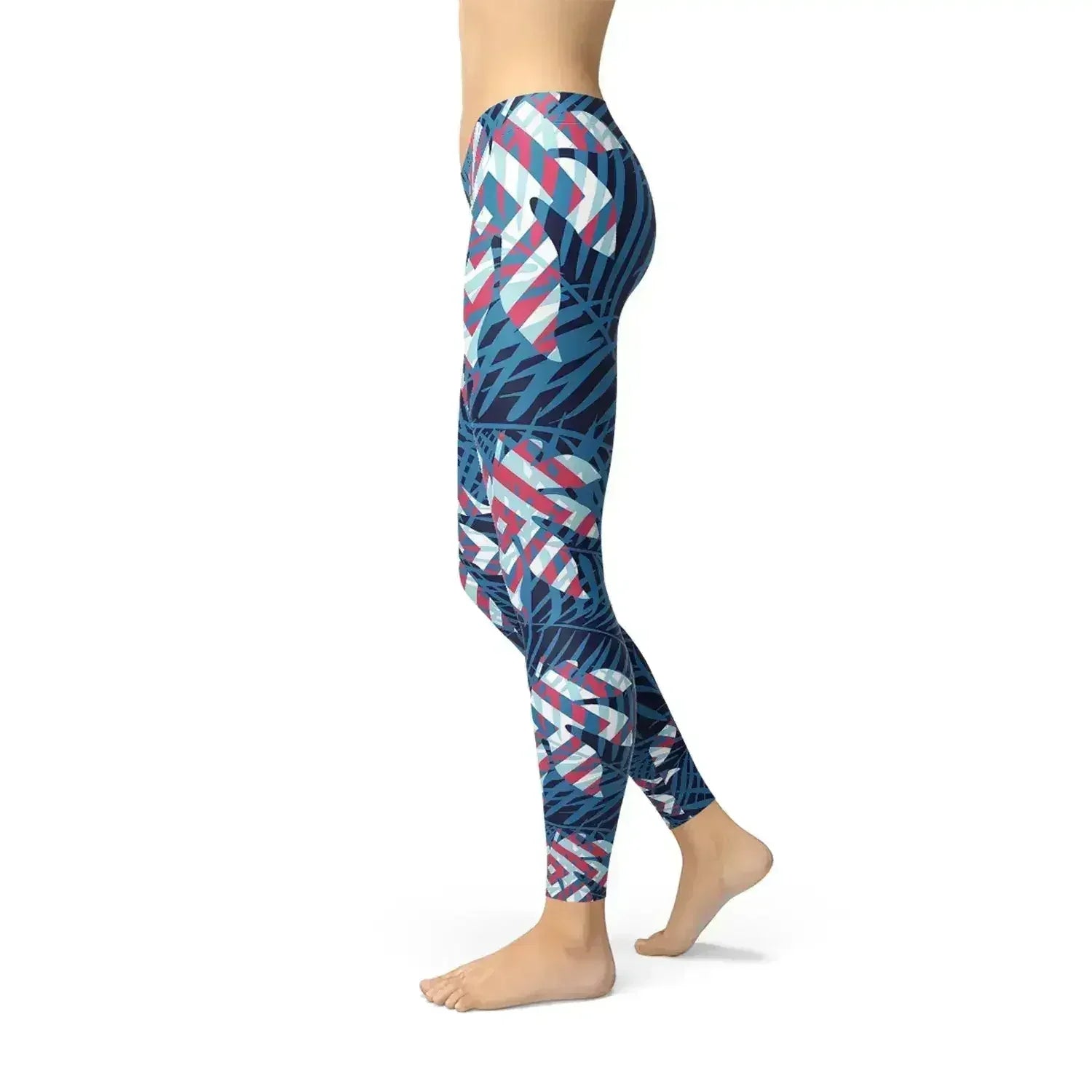 Blue Tropical Leaf Leggings for Women - Femstylo