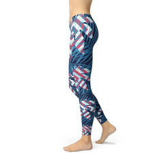 Blue Tropical Leaf Leggings for Women - Femstylo