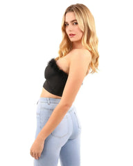Fur Trim Crop Top | Sexy Black Top | Hook & Eye Back - Femstylo