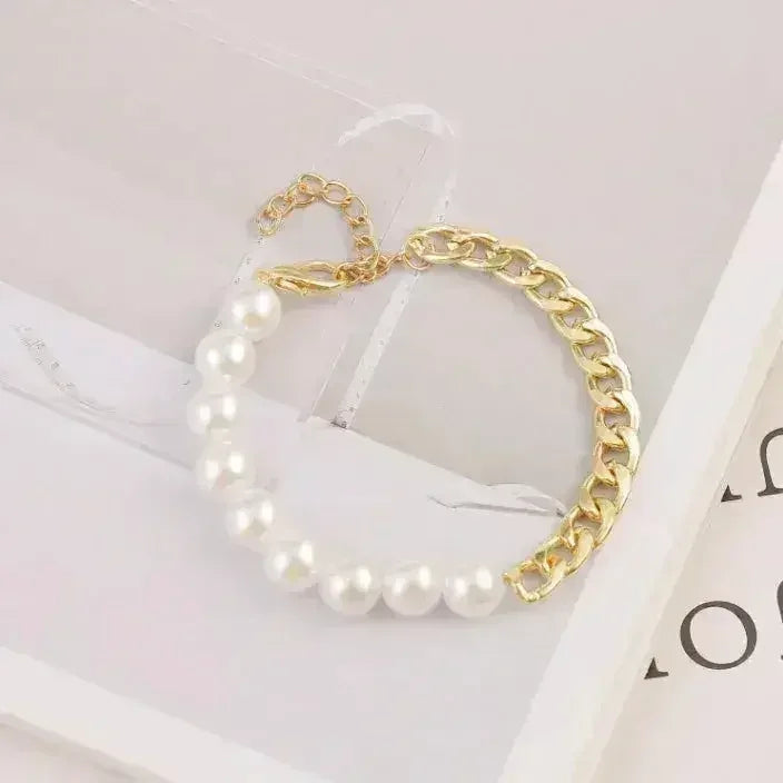 Pearl & Chain Bracelet – Gold Plated Half Beaded Jewelry - Femstylo