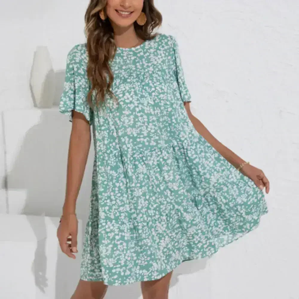 Floral A-Line Dress with Ruffle Sleeves - Spring Cotton Dress - Femstylo