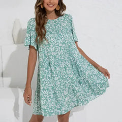 Floral A-Line Dress with Ruffle Sleeves - Spring Cotton Dress - Femstylo