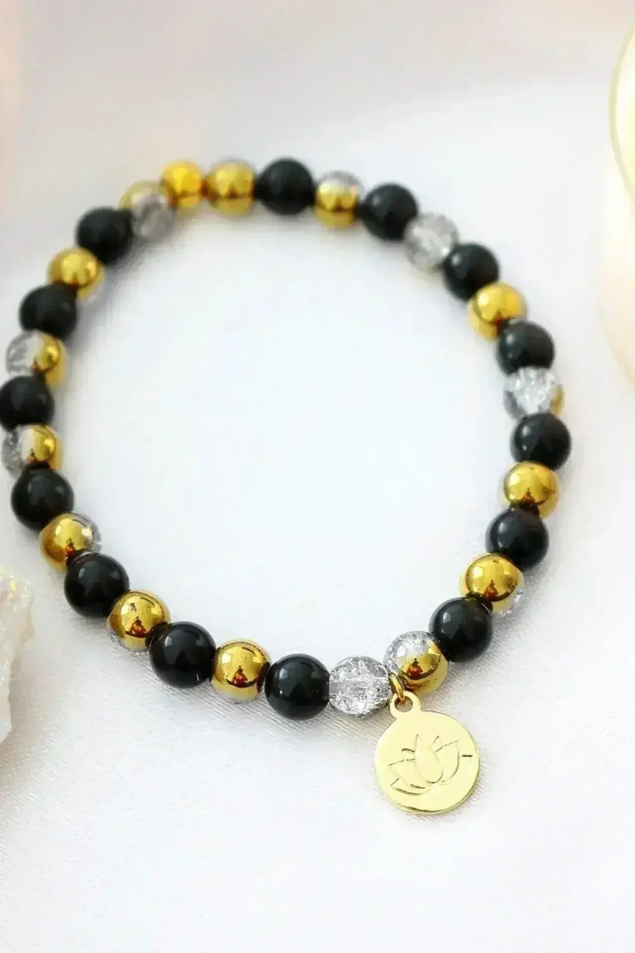 Obsidian Elastic Bracelet | 24K Lotus Flower Charm - Femstylo