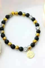 Obsidian Elastic Bracelet | 24K Lotus Flower Charm - Femstylo
