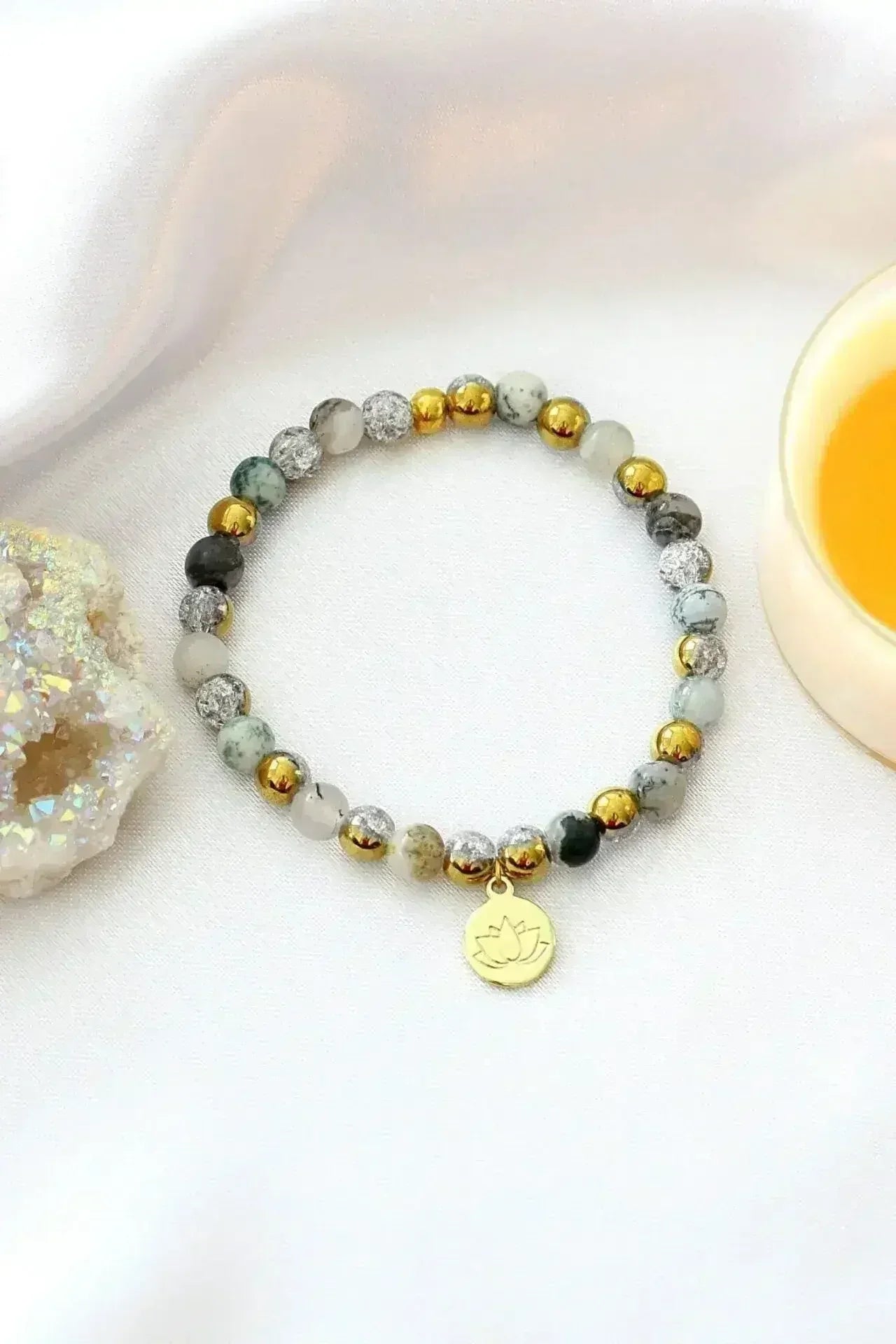 Mossy Agate Elastic Bracelet | 24K Lotus Flower Charm - Femstylo