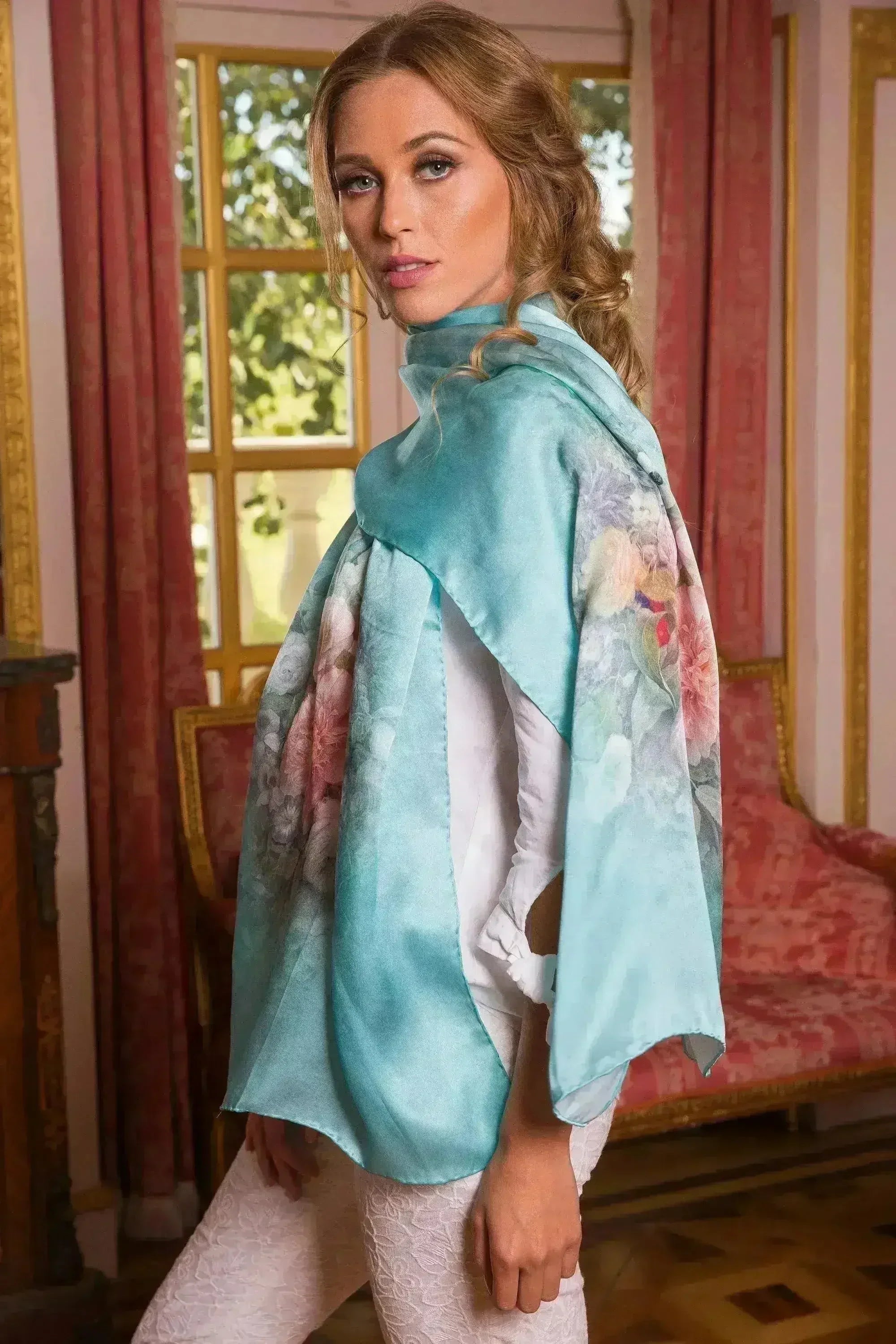 Twill Silk Scarf Turquoise Edition Floral Print - Femstylo