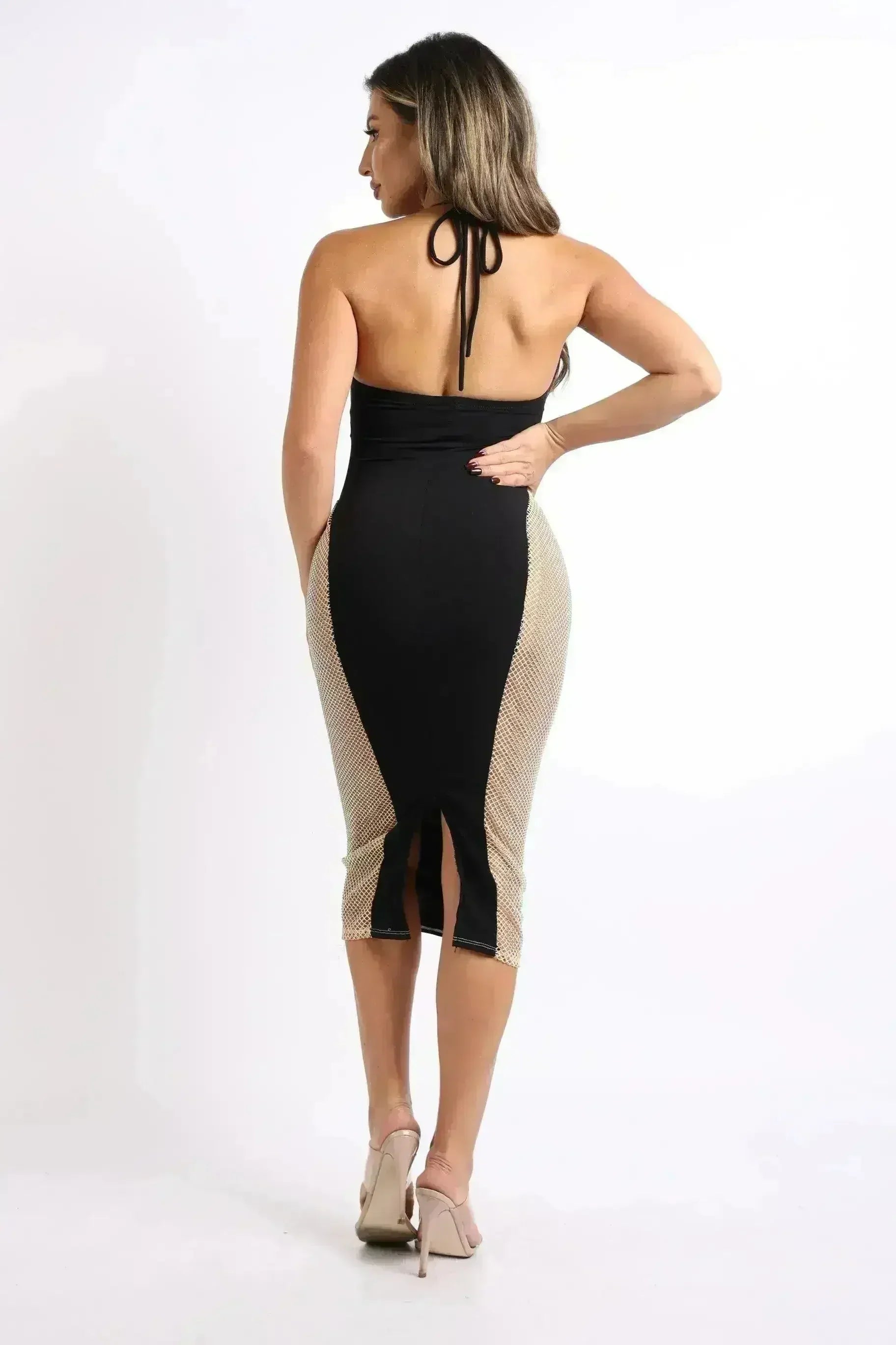 Sexy Cut Out Rhinestone Fishnet Contrast Clubwear Party Dress BLACK - Femstylo