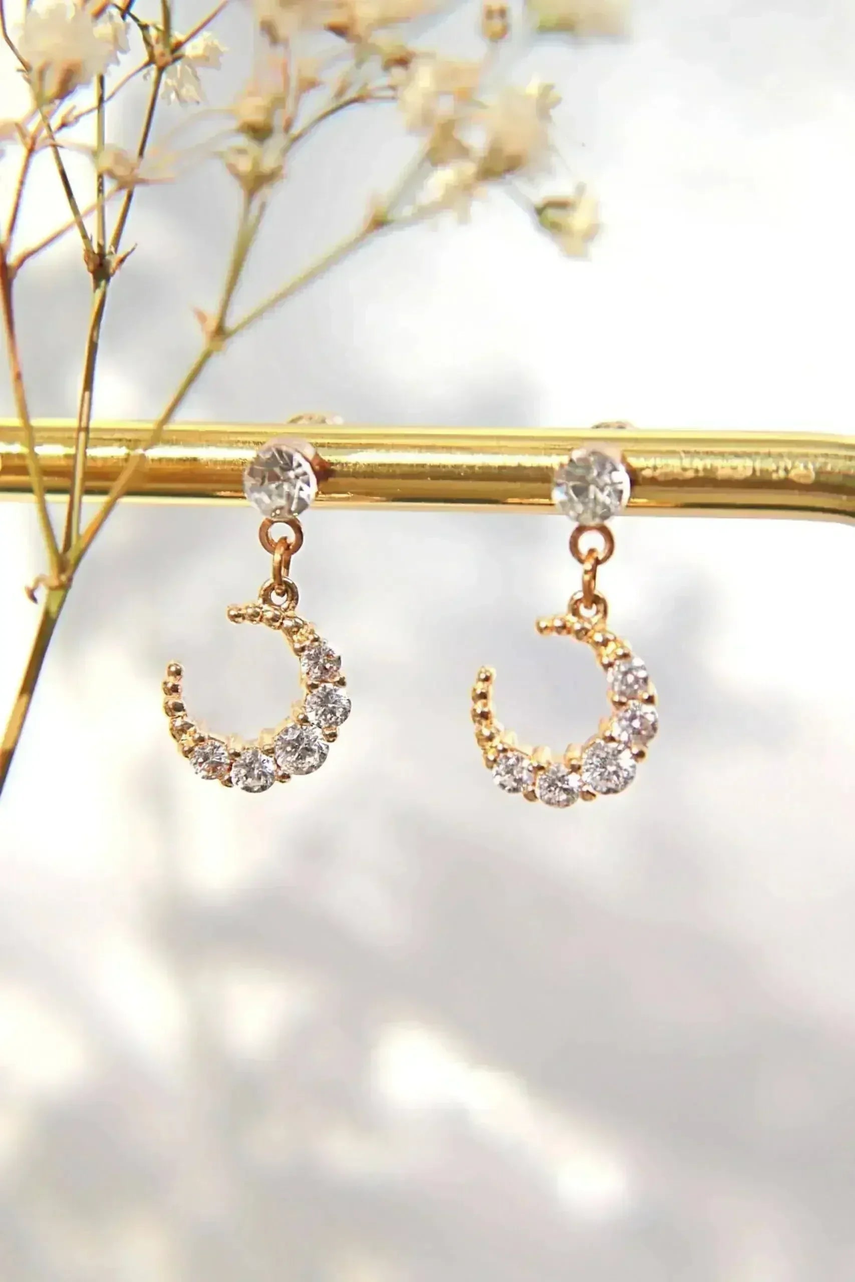 Moon Earrings - 24K Gold & Cubic Zirconia | Femstylo - Femstylo