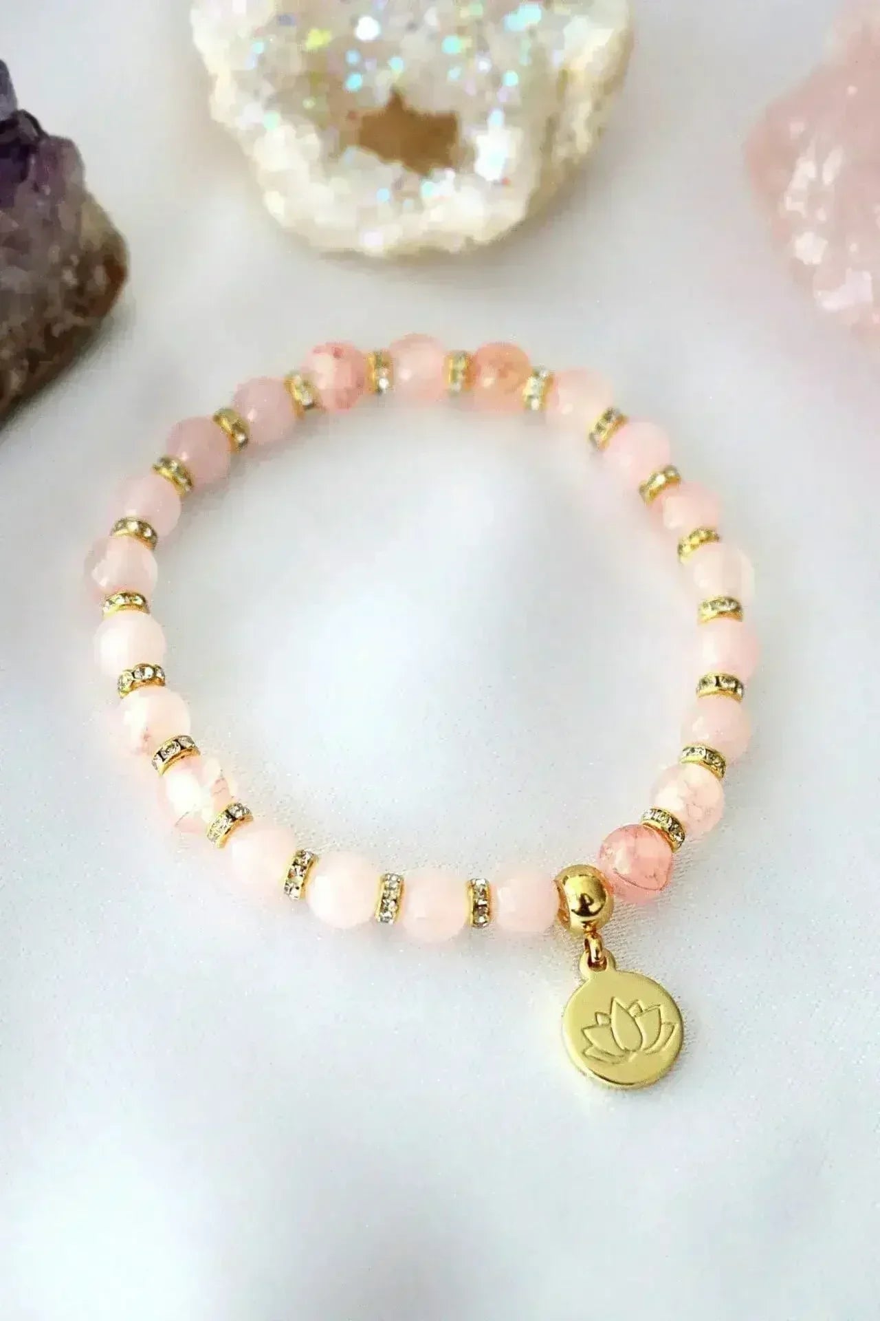 Rose Quartz – Amethyst Elastic Bracelet | 24K Lotus Flower Charm - Femstylo
