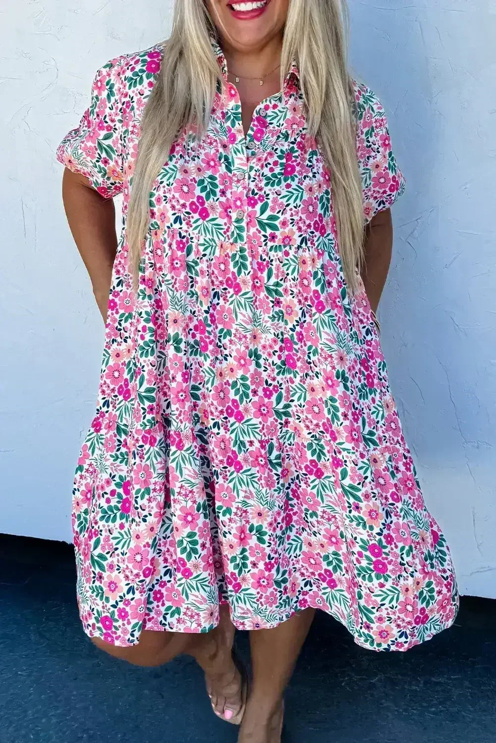 Pink Plus Size Floral Half Button Puff Sleeve A Line Dress - Femstylo